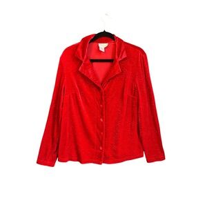 Coldwater Creek Red Velvet Textured Floral Button Dn Top Stretch M Romantic Boho